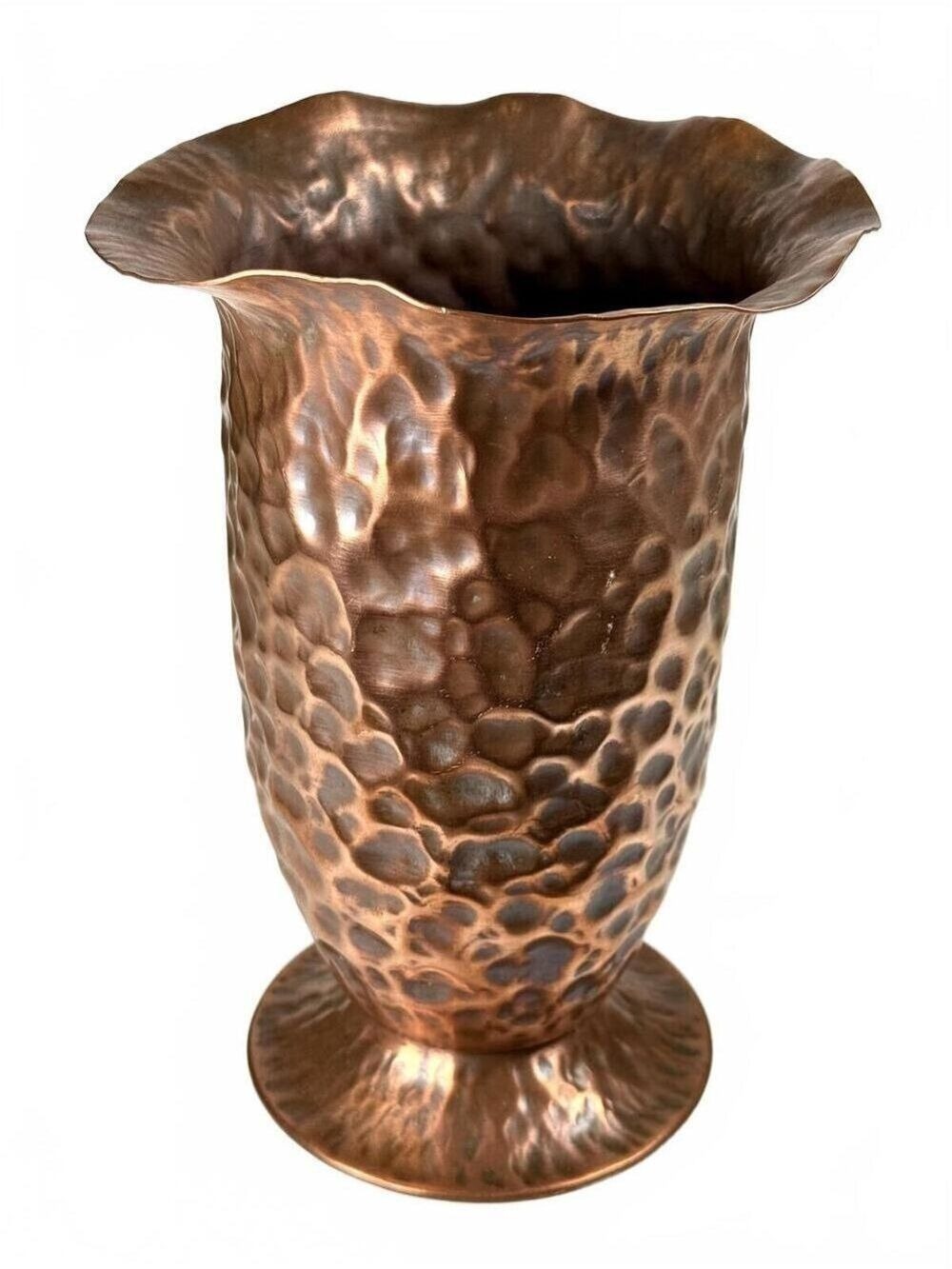 Vintage M Linet Signed Hammered Copper 9 in Vase Ruffled Rim Footed French Art